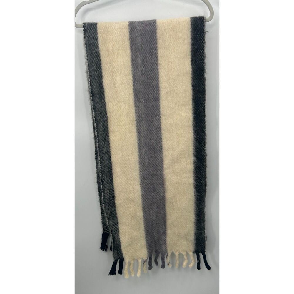 Finnpap New Wool Scarf Vintage Gray Charcoal Cream Wide Block Stripe Fringe